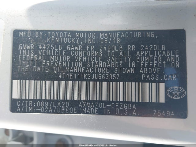 4T1B11HK3JU663957 Toyota CAMRY XLE