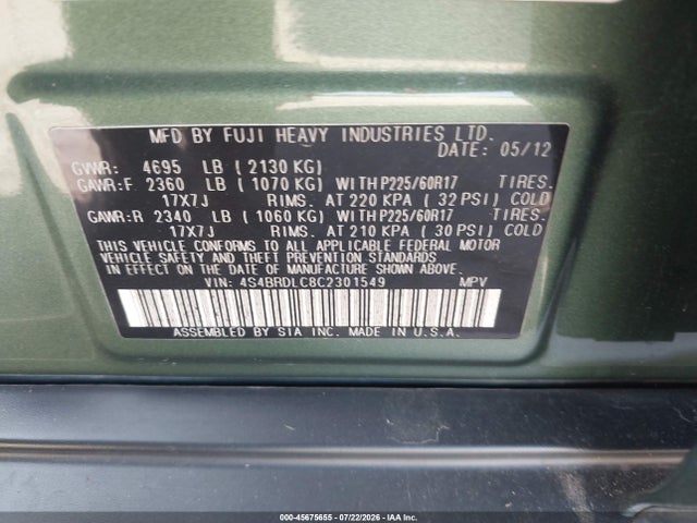 2012 Subaru Outback 3.6r Limited მანქანა იყიდება აუქციონზე, vin: 4S4BRDLC8C2301549, აუქციონის ნომერი: 45675655