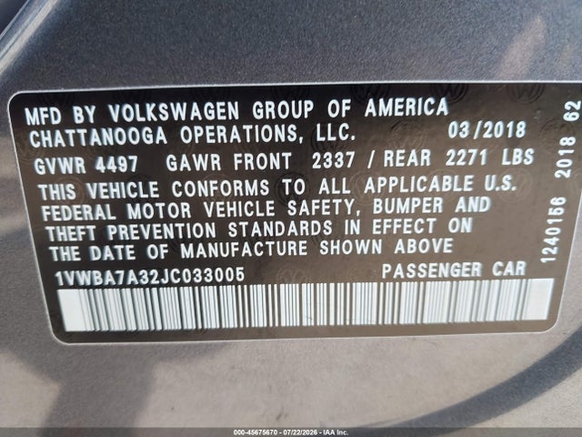 Volkswagen Passat 2.0t Se 2018 1VWBA7A32JC033005 Image 9