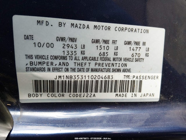 45675673 :رقم المزاد ، JM1NB353110204683 vin ، 2001 Mazda Mx-5 Miata Ls/special Edition مزاد بيع