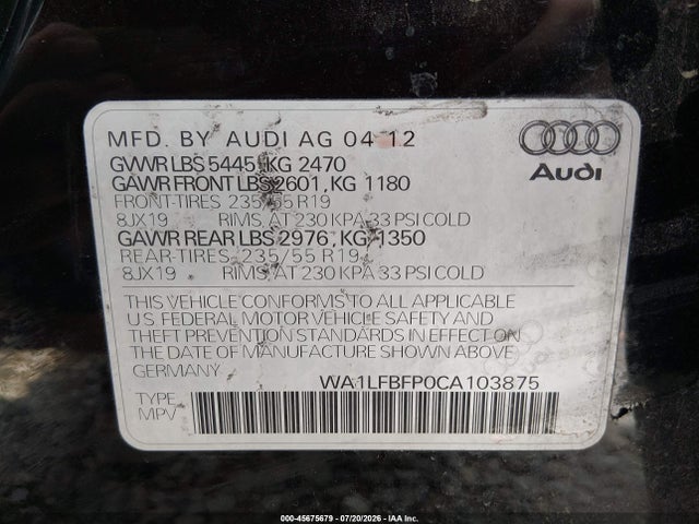 Aukcja sprzedaży 2012 Audi Q5 2.0t Premium, vin: WA1LFBFP0CA103875, numer aukcji: 45675679