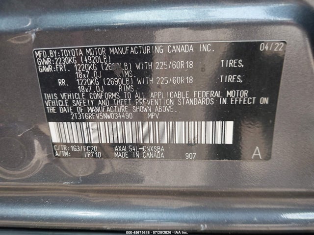 Aukcja sprzedaży 2022 Toyota Rav4 Hybrid Se, vin: 2T3T6RFV5NW034490, numer aukcji: 45675686
