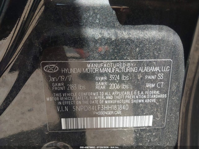 45675692 :رقم المزاد ، 5NPD84LF3HH181840 vin ، 2017 Hyundai Elantra Value Edition مزاد بيع
