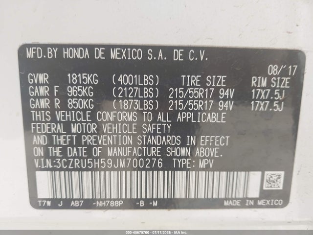 Honda HR-V EX 2018 3CZRU5H59JM700276 Image 9