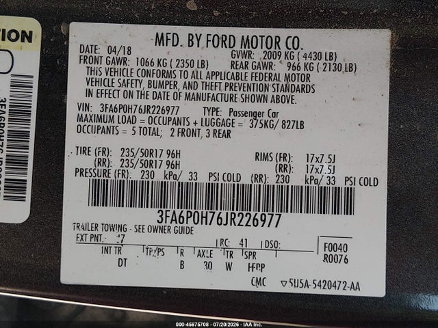 Продажа на аукционе авто 2018 Ford Fusion Se, vin: 3FA6P0H76JR226977, номер лота: 45675708