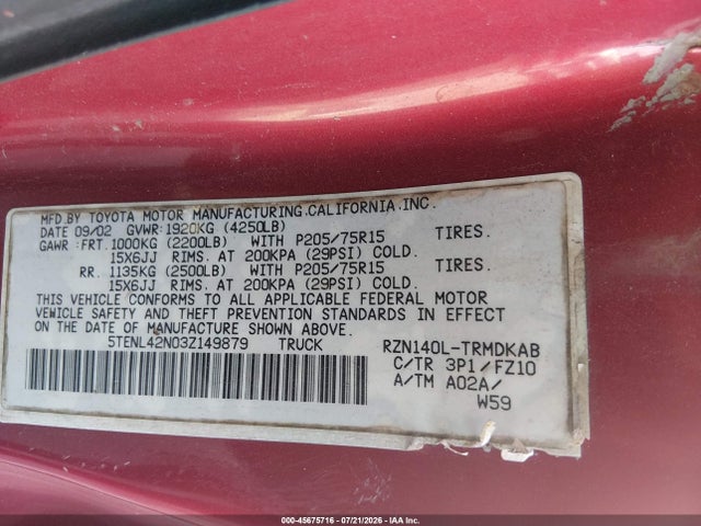 45675716 :رقم المزاد ، 5TENL42N03Z149879 vin ، 2003 Toyota Tacoma مزاد بيع