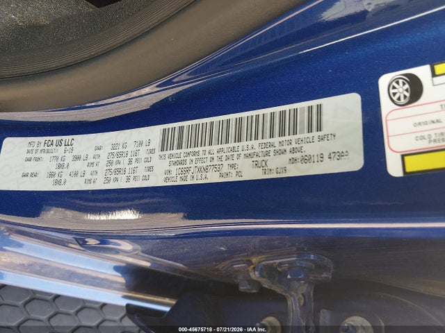 45675718 :رقم المزاد ، 1C6SRFJTXKN877537 vin ، 2019 Ram 1500 Laramie  4x4 5'7 Box مزاد بيع