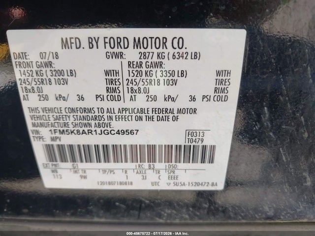 1FM5K8AR1JGC49567 Ford Police Interceptor Utility
