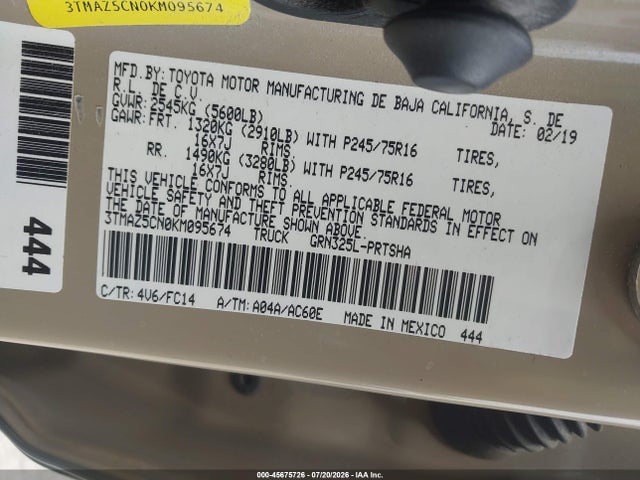 Aukcja sprzedaży 2019 Toyota Tacoma Sr5 V6, vin: 3TMAZ5CN0KM095674, numer aukcji: 45675726