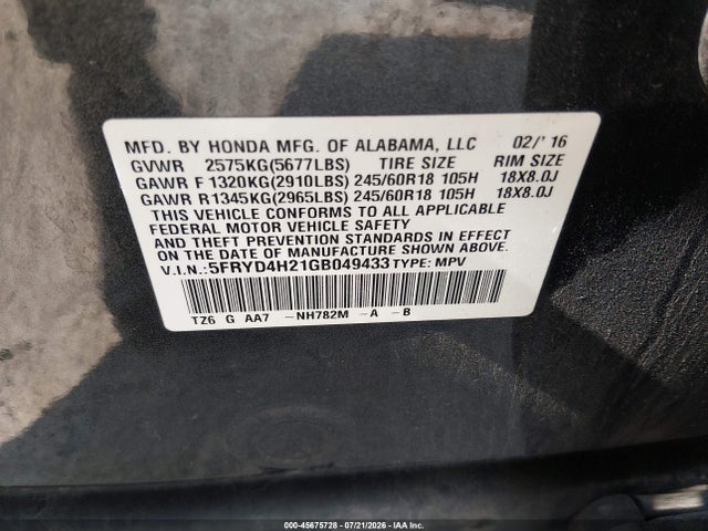 2016 Acura Mdx Acurawatch Plus Package მანქანა იყიდება აუქციონზე, vin: 5FRYD4H21GB049433, აუქციონის ნომერი: 45675728