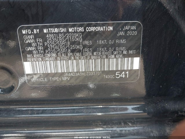 Продажа на аукционе авто 2020 Mitsubishi Outlander, vin: JA4AD3A3XLZ033701, номер лота: 45675729
