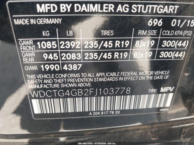 Продажа на аукционе авто 2015 Mercedes-benz Gla 250 4matic, vin: WDCTG4GB2FJ103778, номер лота: 45675763