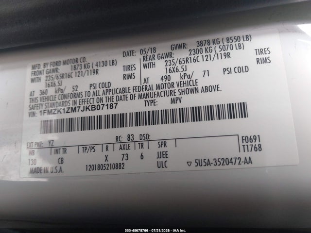 1FMZK1ZM7JKB07187 Ford Transit-150 Xl