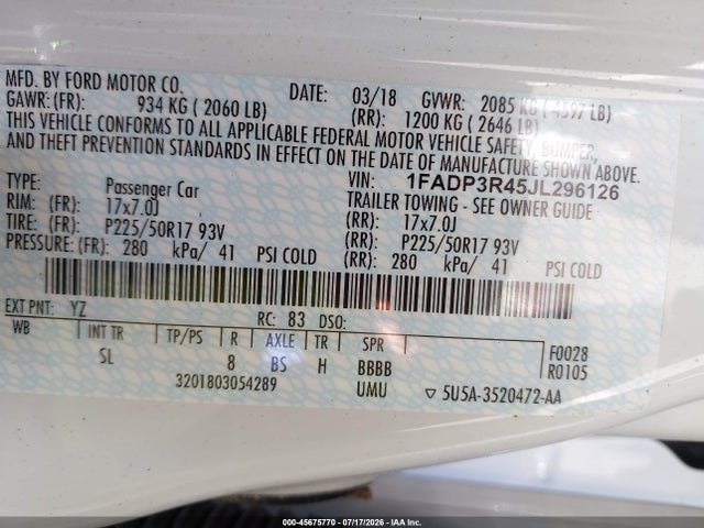 1FADP3R45JL296126 Ford FOCUS ELECTRIC