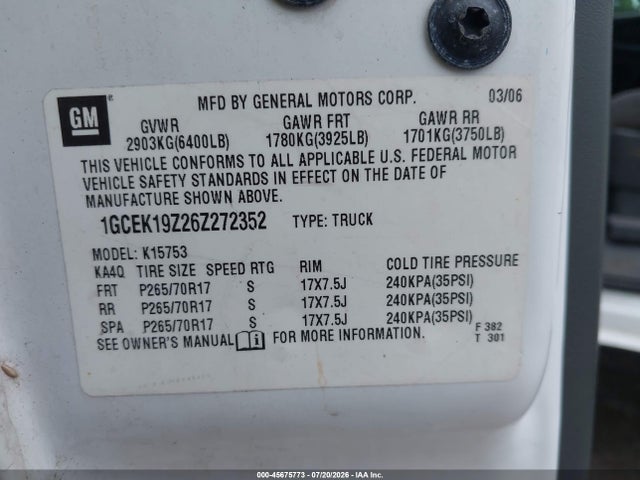 45675773 :رقم المزاد ، 1GCEK19Z26Z272352 vin ، 2006 Chevrolet Silverado 1500 Lt1 مزاد بيع