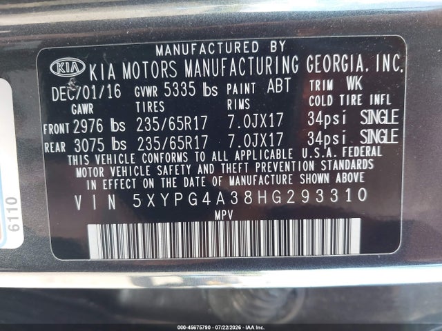 2017 Kia Sorento 2.4l Lx მანქანა იყიდება აუქციონზე, vin: 5XYPG4A38HG293310, აუქციონის ნომერი: 45675790