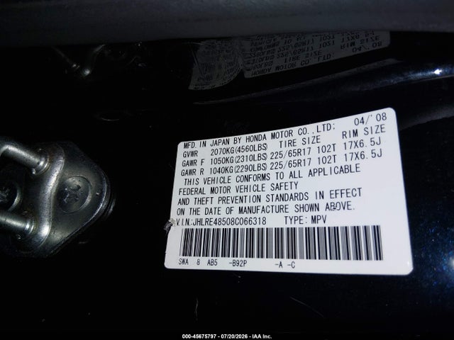 Продажа на аукционе авто 2008 Honda Cr-v Ex, vin: JHLRE48508C066318, номер лота: 45675797