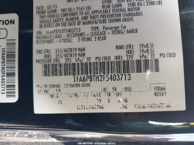 Продажа на аукционе авто 2015 Ford Mustang Ecoboost, vin: 1FA6P8TH2F5403713, номер лота: 45675799