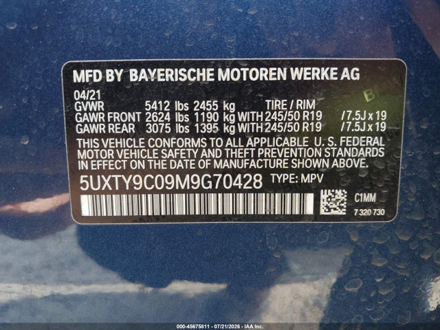 Продажа на аукционе авто 2021 Bmw X3 M40i, vin: 5UXTY9C09M9G70428, номер лота: 45675811
