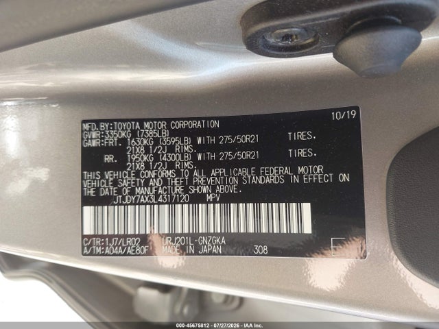 45675812 :رقم المزاد ، JTJDY7AX3L4317120 vin ، 2020 Lexus Lx 570 Three-row مزاد بيع