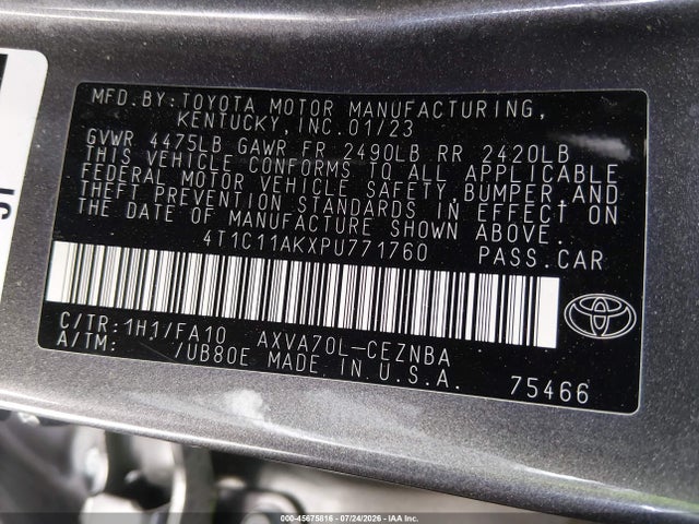 Продаж на аукціоні авто 2023 Toyota Camry Le, vin: 4T1C11AKXPU771760, номер лоту: 45675816