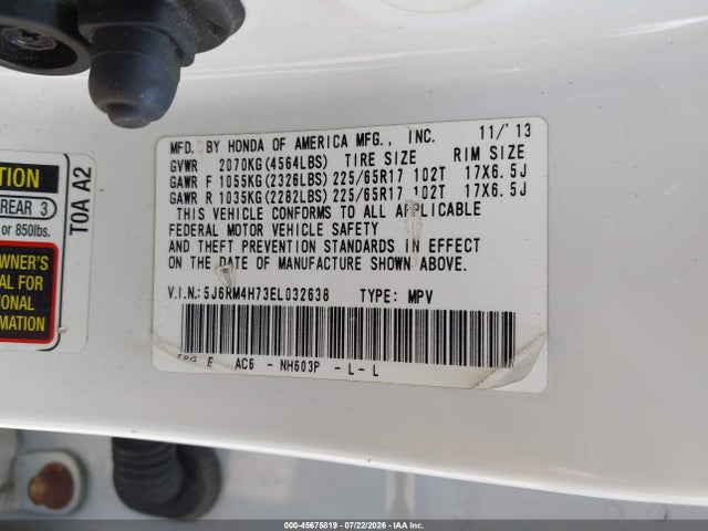 Продаж на аукціоні авто 2014 Honda Cr-v Ex-l, vin: 5J6RM4H73EL032638, номер лоту: 45675819