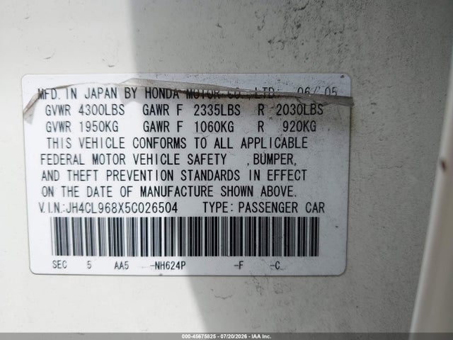 45675825 :رقم المزاد ، JH4CL968X5C026504 vin ، 2005 Acura Tsx مزاد بيع