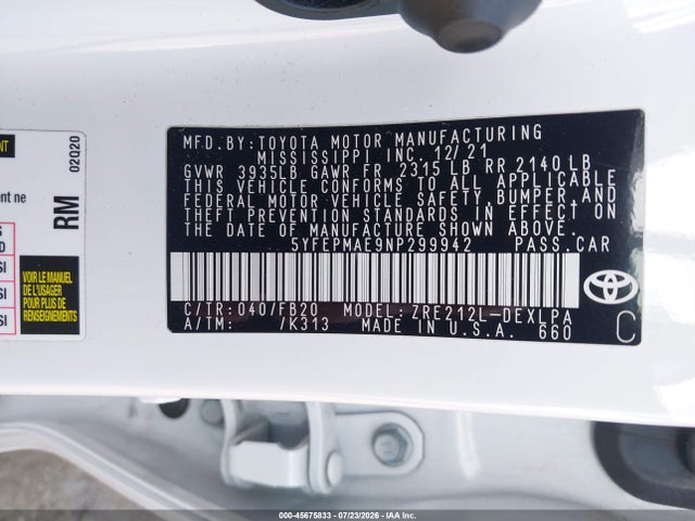 45675833 :رقم المزاد ، 5YFEPMAE9NP299942 vin ، 2022 Toyota Corolla Le مزاد بيع