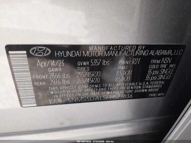 2023 Hyundai Santa Fe Calligraphy მანქანა იყიდება აუქციონზე, vin: 5NMS5DAL5PH573836, აუქციონის ნომერი: 45675836