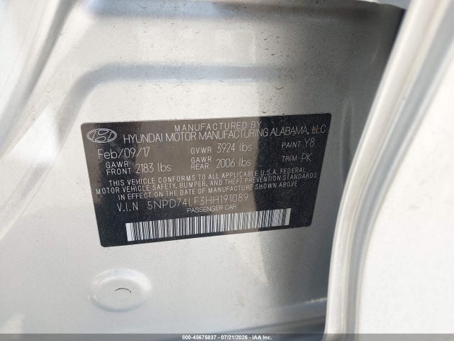 Продаж на аукціоні авто 2017 Hyundai Elantra Se, vin: 5NPD74LF3HH191089, номер лоту: 45675837