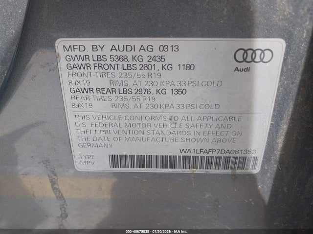 Aukcja sprzedaży 2013 Audi Q5 2.0t Premium, vin: WA1LFAFP7DA081353, numer aukcji: 45675838