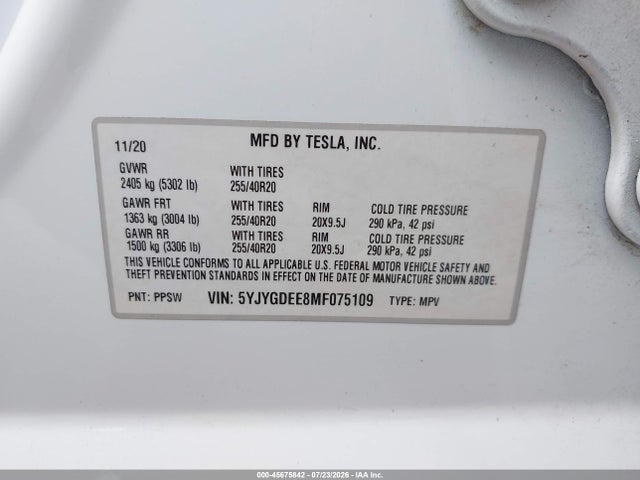 45675842 :رقم المزاد ، 5YJYGDEE8MF075109 vin ، 2021 Tesla Model Y Long Range Dual Motor All-wheel Drive مزاد بيع