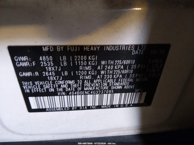 2016 Subaru Outback 3.6r Limited მანქანა იყიდება აუქციონზე, vin: 4S4BSENC4G3237095, აუქციონის ნომერი: 45675849