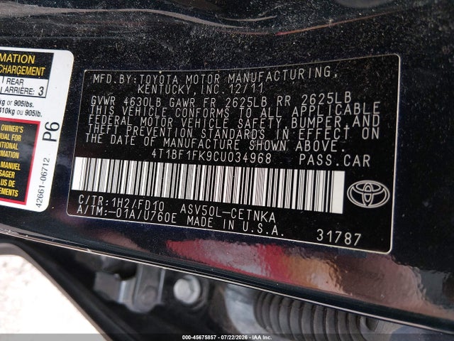 Aukcja sprzedaży 2012 Toyota Camry Le, vin: 4T1BF1FK9CU034968, numer aukcji: 45675857