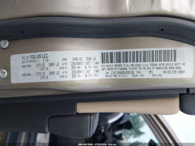 45675865 :رقم المزاد ، 1C4PJMAB8GW289168 vin ، 2016 Jeep Cherokee Sport مزاد بيع