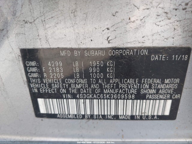 Продаж на аукціоні авто 2019 Subaru Impreza 2.0i Premium, vin: 4S3GKAC65K3609598, номер лоту: 45675866