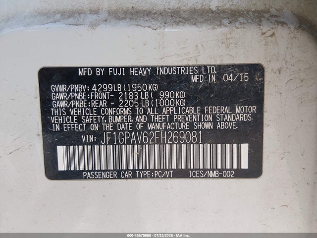 2015 Subaru Impreza 2.0i Sport Limited მანქანა იყიდება აუქციონზე, vin: JF1GPAV62FH269081, აუქციონის ნომერი: 45675868