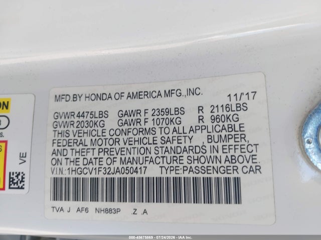 1HGCV1F32JA050417 Honda Accord Sport