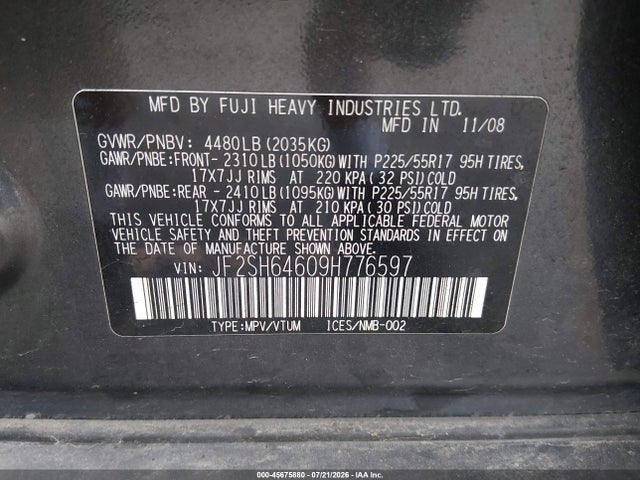 Продажа на аукционе авто 2009 Subaru Forester 2.5x Limited, vin: JF2SH64609H776597, номер лота: 45675880