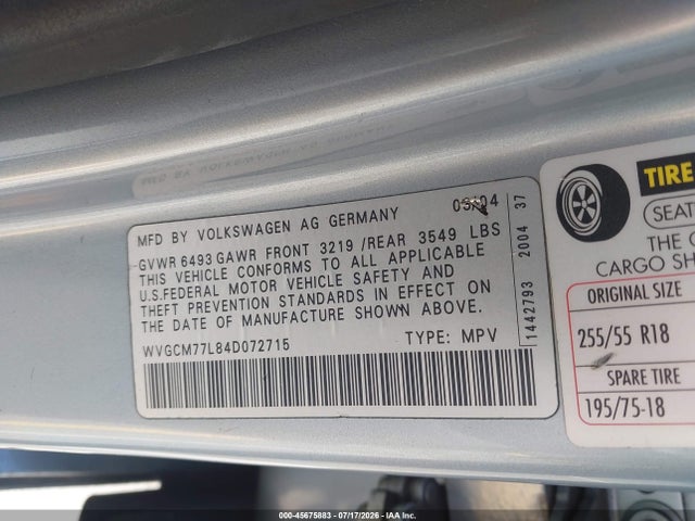 2004 Volkswagen Touareg V8 მანქანა იყიდება აუქციონზე, vin: WVGCM77L84D072715, აუქციონის ნომერი: 45675883