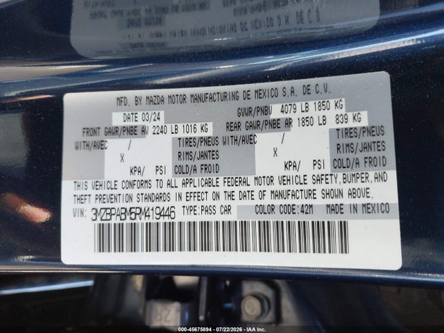 45675894 :رقم المزاد ، 3MZBPABM5RM419446 vin ، 2024 Mazda Mazda3 2.5 S Select Sport مزاد بيع