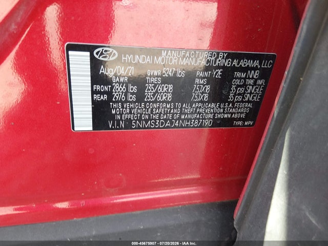 Продажа на аукционе авто 2022 Hyundai Santa Fe Sel, vin: 5NMS3DAJ4NH387190, номер лота: 45675907