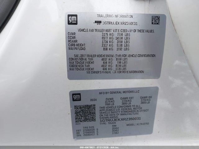 2024 Gmc Sierra 1500 4wd  Standard Box Elevation With 3vl მანქანა იყიდება აუქციონზე, vin: 1GTRUJEKXRZ350031, აუქციონის ნომერი: 45675921