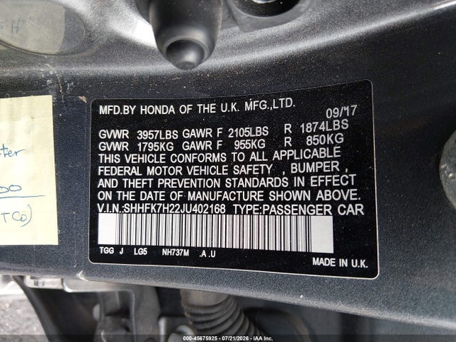 SHHFK7H22JU402168 Honda Civic Lx