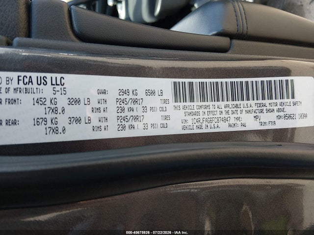 2015 Jeep Grand Cherokee Laredo მანქანა იყიდება აუქციონზე, vin: 1C4RJFAG6FC874847, აუქციონის ნომერი: 45675926