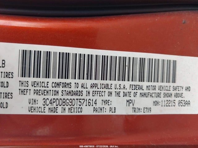 Продаж на аукціоні авто 2013 Dodge Journey Sxt, vin: 3C4PDDBG9DT571614, номер лоту: 45675935