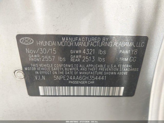 Продаж на аукціоні авто 2016 Hyundai Sonata Eco, vin: 5NPE24AA6GH354441, номер лоту: 45675942