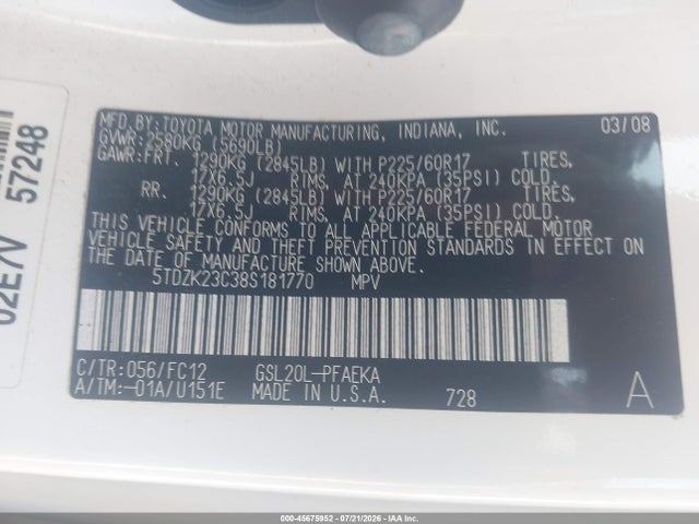 Aukcja sprzedaży 2008 Toyota Sienna Le, vin: 5TDZK23C38S181770, numer aukcji: 45675952