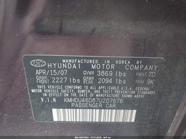 Продаж на аукціоні авто 2007 Hyundai Elantra Gls/ltd/se, vin: KMHDU46D87U207676, номер лоту: 45675953