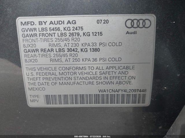 Продажа на аукционе авто 2020 Audi Q5 Prestige 45 Tfsi Quattro S Tronic, vin: WA1CNAFY4L2097448, номер лота: 45675964